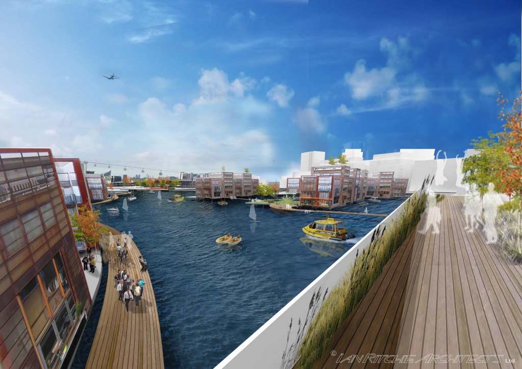 (c) Ian Ritchie Architects Ltd - Royal Docks view looking west towards Canary Wharf - Low Res