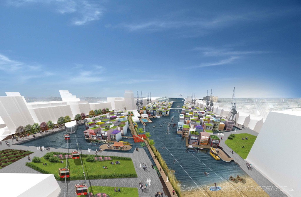 (c) Ian Ritchie Architects Ltd - Royal Docks Floating Village view Cable Car View